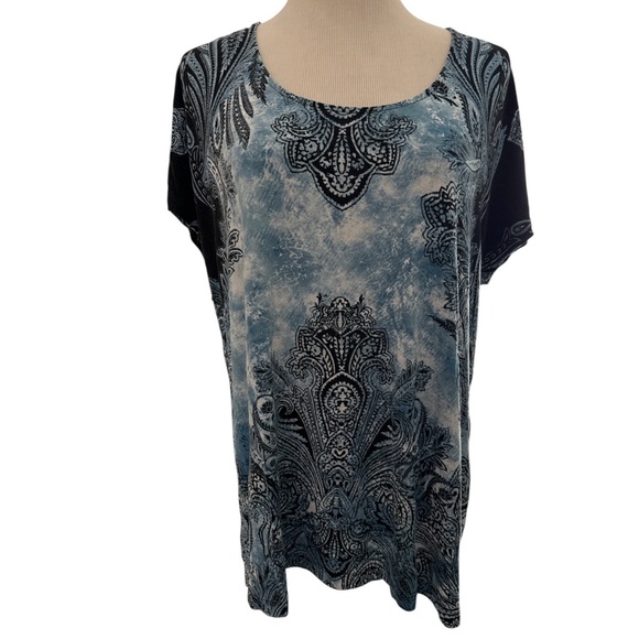 Chico's Tunic Blue Paisley Tie Dye Boh Women’s Size 3 Or XL Scooped Neck Stretch - Picture 2 of 9